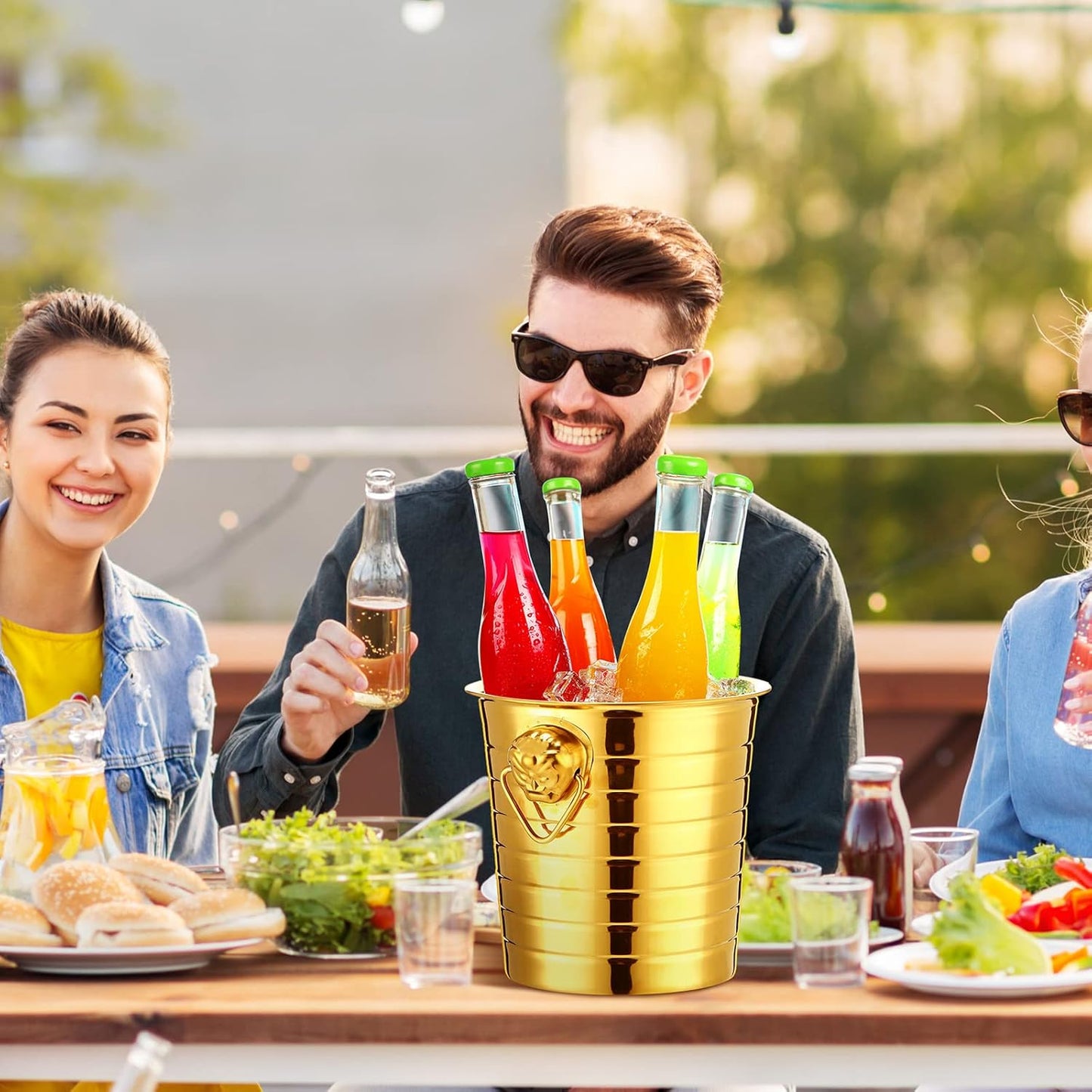 Pinkunn 6 Pack Stainless Steel Champagne Bucket 3 Qt Metal Ice Bucket Double Wall Wine Bucket with Handles Party Beverage Chiller for Champagne Beer Cocktail Wine Drinks Home Bar Accessories(Gold)