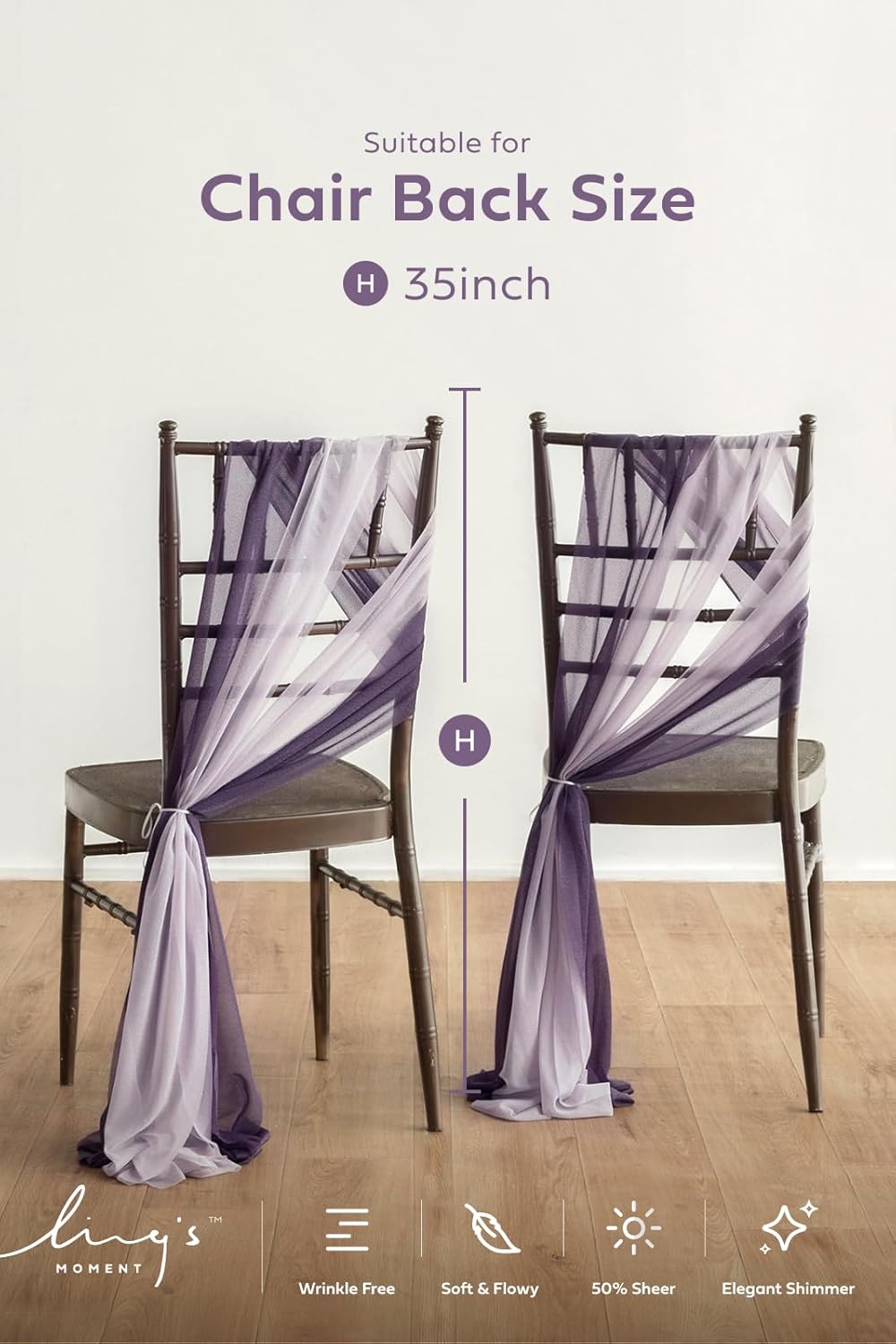 Ling's moment Wedding Chair Sashes Cover Aisle Decorations Draping Fabric Wrinkle-Free with Tie 16pcs Purple Pale Lavender for Party Ceremony Reception Floral Arrangement Banquet Outdoor Decor