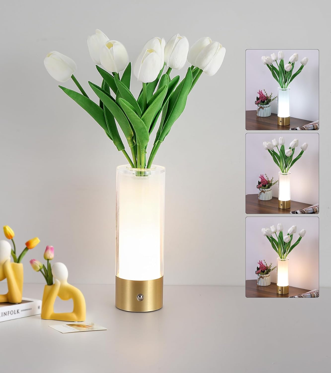 Flower Night Light,Touch Vase Lamp,Rechargeable Cordless Table Lamp,Dimming Small Mood Lighting for Dining Table/Bed Room/Bathroom/Closet,Gifts for Women/Mom, Artificial Tulips Included
