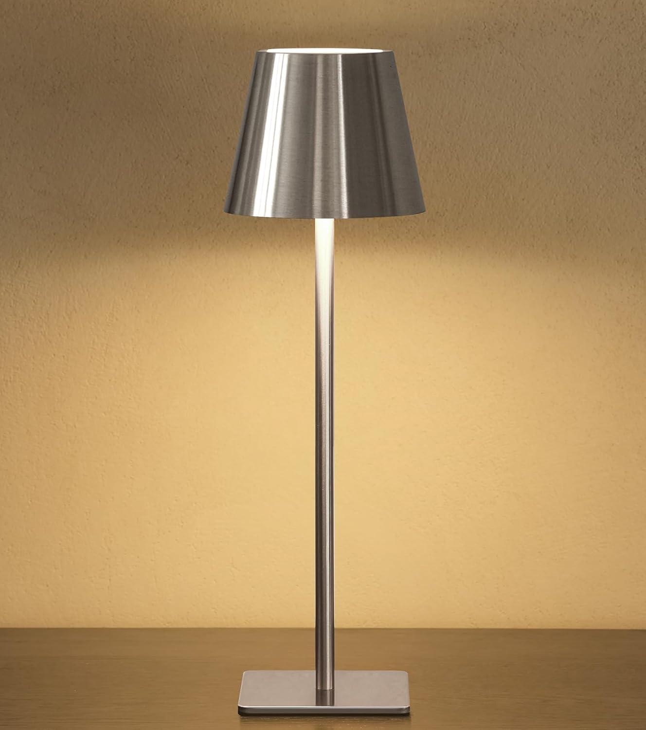 UME Cordless Table Lamp, Battery Operated Lamp - Portable Waterproof Rechargeable Table Lamp w/ 3 Color Temps & Stepless Dimming for Dinner, Desk, Cafe, Outdoor (Brushed Silver)