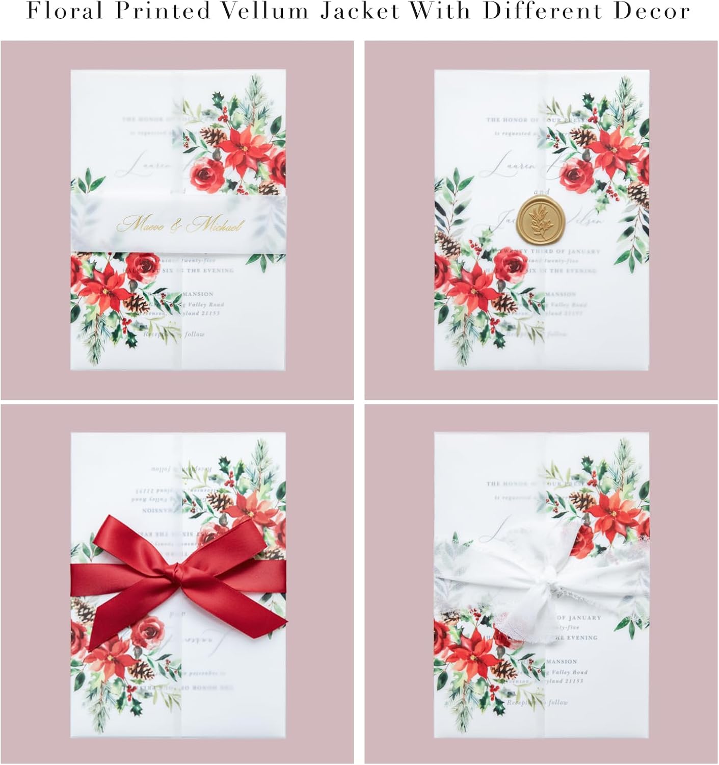 PONATIA 50 PCS 135gsm Vellum Jackets for 5x7 Wedding Invitation Cards- Christmas Red Floral Printed Vellum Sleeves, Invitation Cards Wraps, Christmas Cards Jackets
