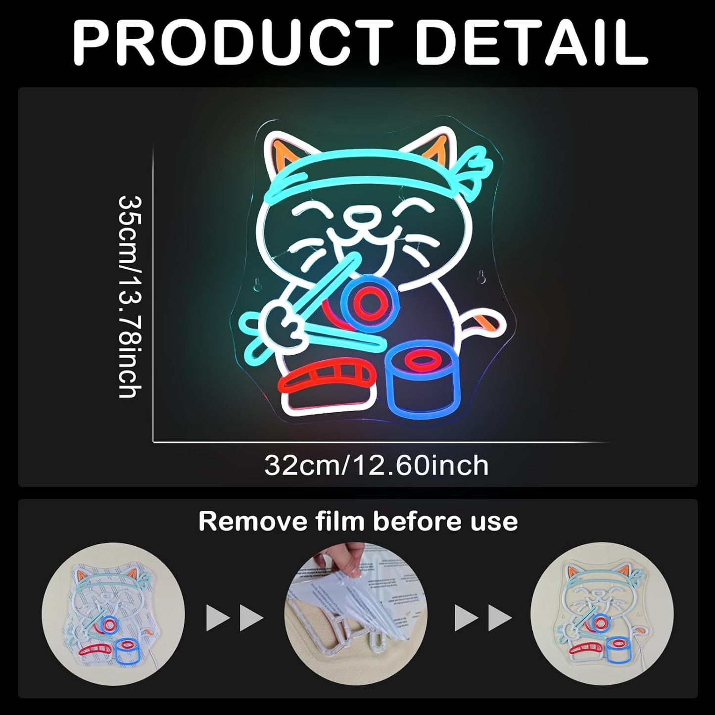 Wanxing LED Neon Sign for Wall Decor, Ramen Cat Eat Sushi Neon Light, USB Powered Dimmable, 5V/2A, 12.6"x13.8" for Home, Party, Gift, Office, Bedroom, Kitchen, Sushi Lover
