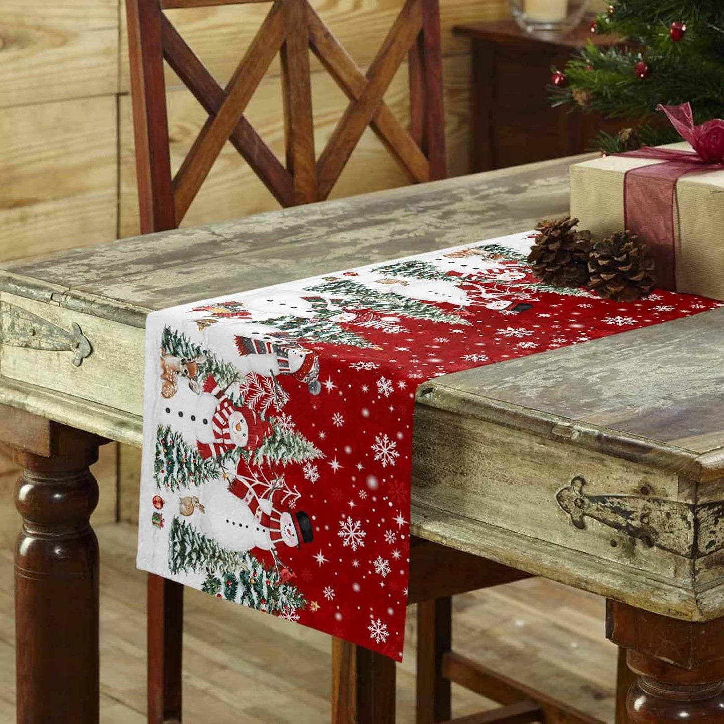 Christmas Snowman Cotton Linen Table Runner for Dining Kitchen, Xmas Tree White Snowflakes Winter Wedding Outdoor Party Tablerunners Decoration, Dresser Scarf Coffee Tablecloth Runners 13x90 Inches