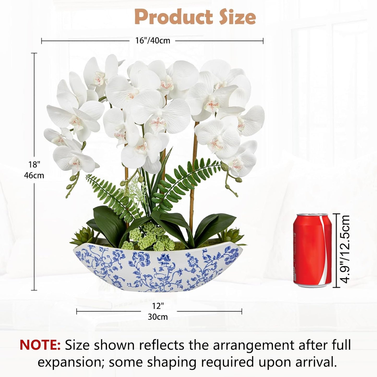Briful Orchid Artificial Flowers 18in White Fake Orchid Silk Flowers with Blue and White Ceramic Vase Faux Orchid Arrangement for Home Office Room Coffee Table Centerpiece Modern Decor