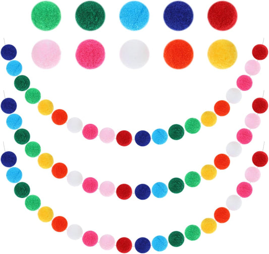 3 Pack Colorful Pom Pom Garland Decorations, Rainbow Colorful Ball Garland 6.5 Feet Long, 24 Balls Each - Rainbow Garlands Hanging Supplies for Party Home Classroom Decor