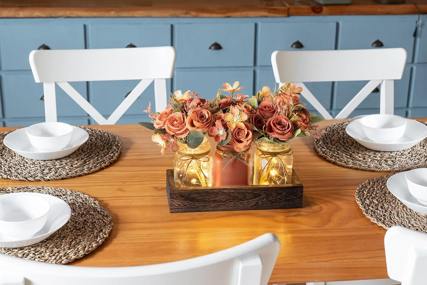 Mkono Mason Jar Lights Centerpiece Table Decorations for Dining Room Farmhouse Coffee Table Decor Tray with 3 Jars Flowers Centerpieces Fall Decor for Kitchen Living Dining Room, Orange