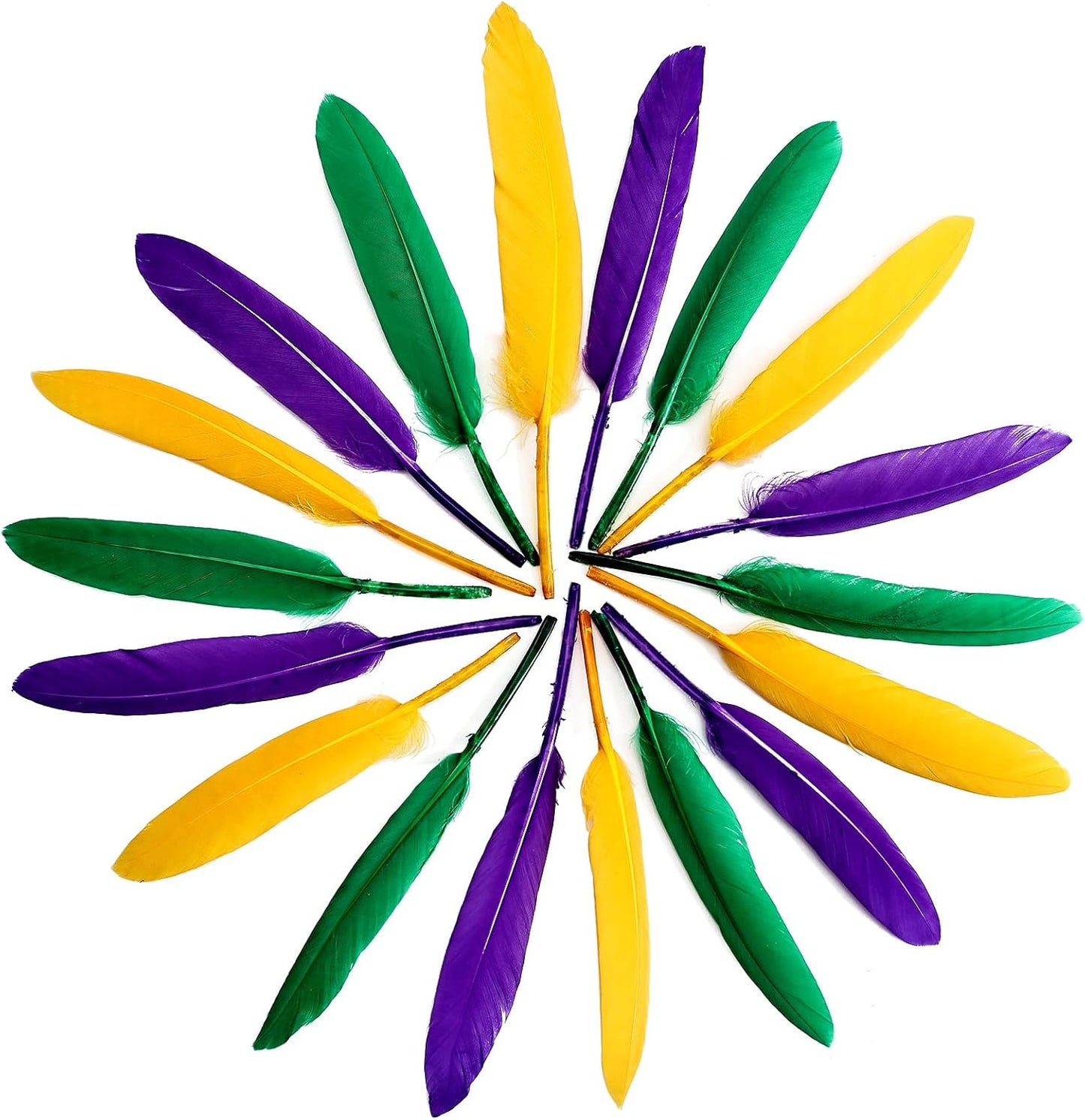 FeelfunFeather 120pcs Mardi Gras Goose Cochettes Feather 4-6 inch Decorative Colorful Purple Golden Yellow Green Feathers Bulk for DIY Crafts Masquerade Carnival Party Decoration