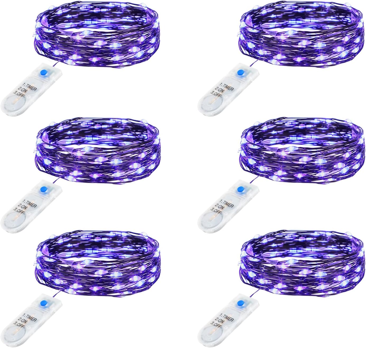 Minetom 6 Pack Purple Fairy Lights Battery Operated with Timer - 7ft 20 LED Waterproof Short Micro Firefly Lights for Halloween Decor, Pumpkin DIY Craft, Paper Lantern Decoration