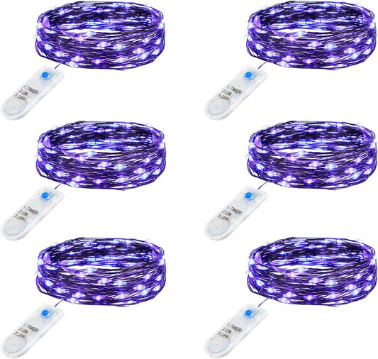 Minetom 6 Pack Purple Fairy Lights Battery Operated with Timer - 7ft 20 LED Waterproof Short Micro Firefly Lights for Halloween Decor, Pumpkin DIY Craft, Paper Lantern Decoration