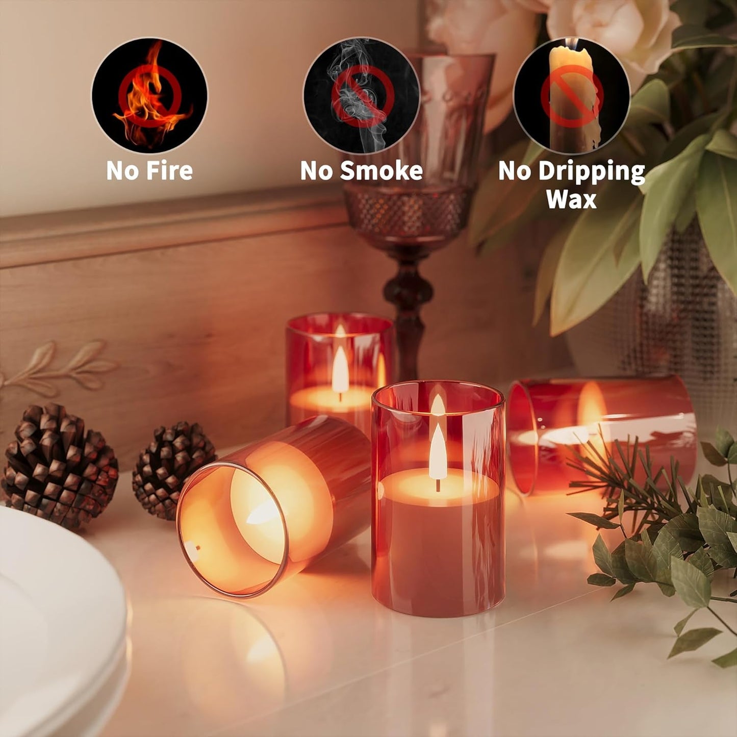 12Pack Flickering Flameless LED Candles with Timer, Battery Powered - Small Pillar & Votive, Red (2"X3")