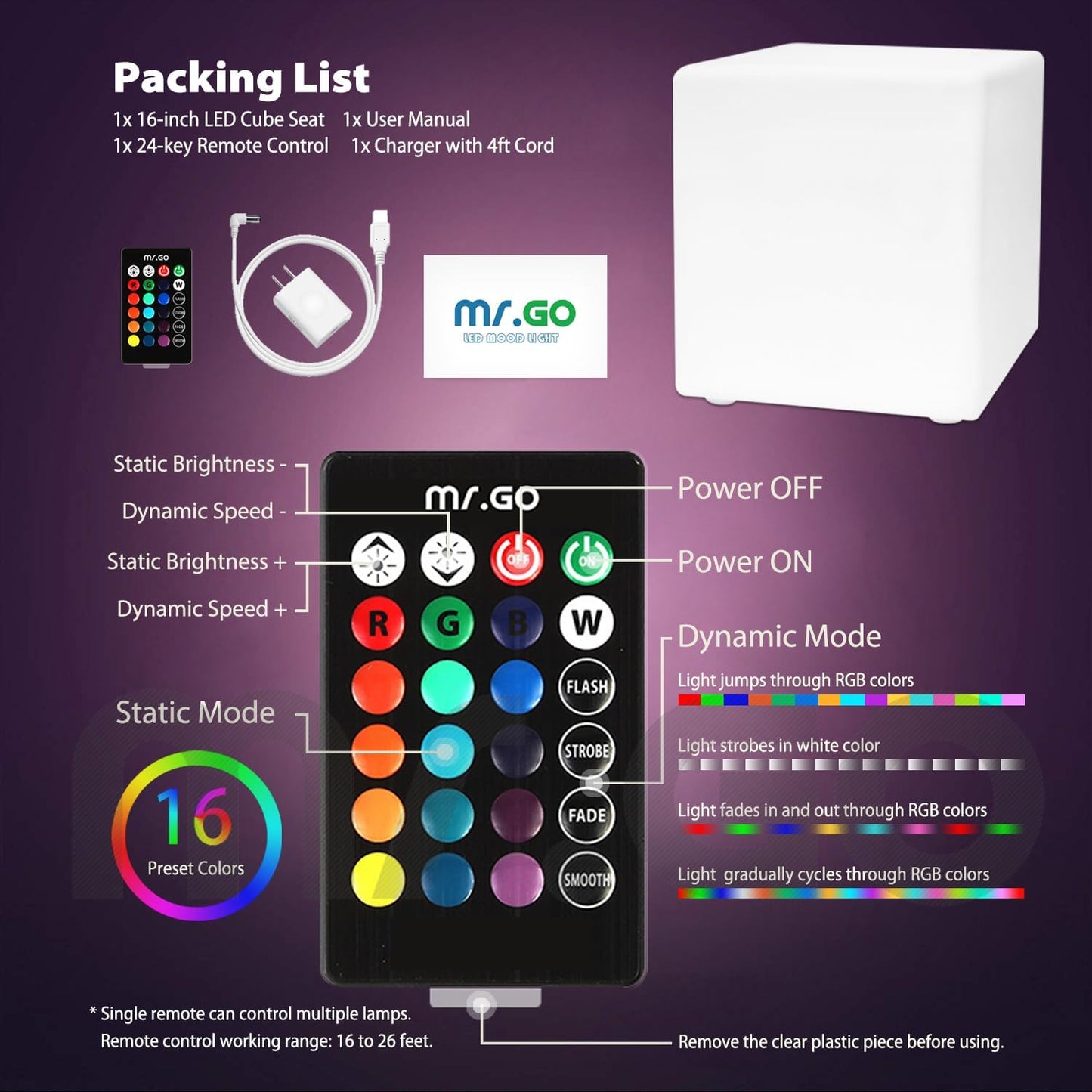 Mr.Go 16-Inch Rechargeable LED Cube Chair Light, 16 RGB Colors Glow Cube Seat w/Remote, Waterproof LED Cube Table, Color Changing Cubes Floor Lamp, Home Bedroom Patio Party Decorative Lighting