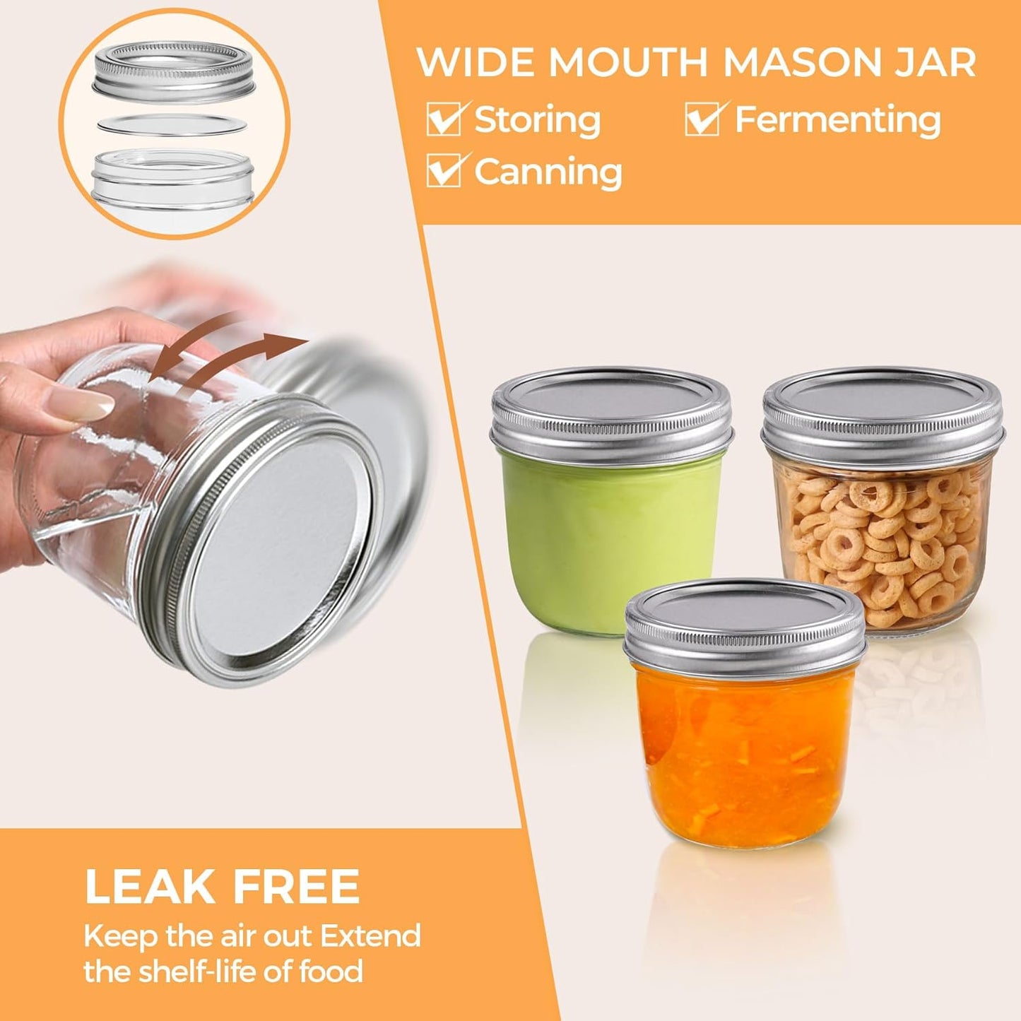 ComSaf Wide Mouth 8 oz Mason Jars with Lids, 6 Pcs Small Mason Containers, Canning Jars, 8oz Glass Jar with Lid, Canning Jars for Jams, Jelly, Sauces, Desserts, chia pudding, Pickle, Gift