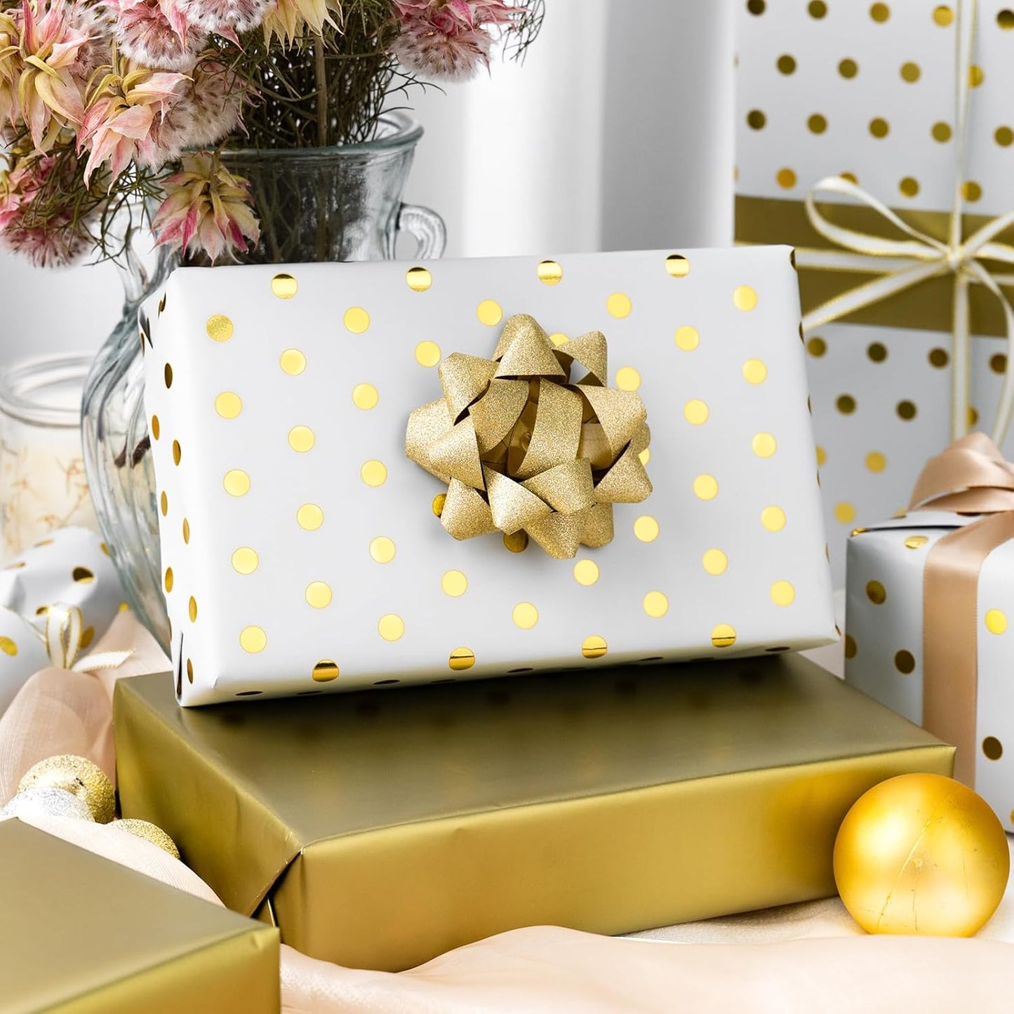 Flyhill Reversible Wrapping Paper-Mini Roll,Gold Foil and Polka Dot Design for Birthday,Holiday,Party,Baby Shower (17 Inch X 32.8 Feet)