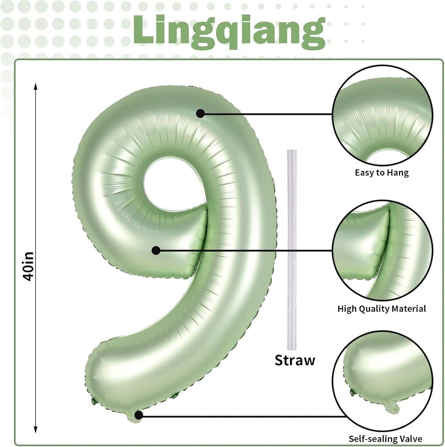 40'' Sage Green Number 9 Balloon, Self Inflating Foil Number Balloons Set 0-9, Olive Green Digital 9 Helium Balloon for Girls Boys 9th Jungle Safari Birthday Party Decorations Anniversary Supplies