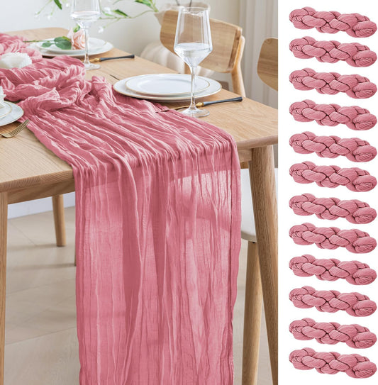 Asee'm 12pcs Cheesecloth Table Runner 120 Inches Dusty Rose Boho Gauze Cheese Cloth Runner 10FT Rustic Sheer Table Runners for Summer Wedding Baby Shower Holiday Party Decoration