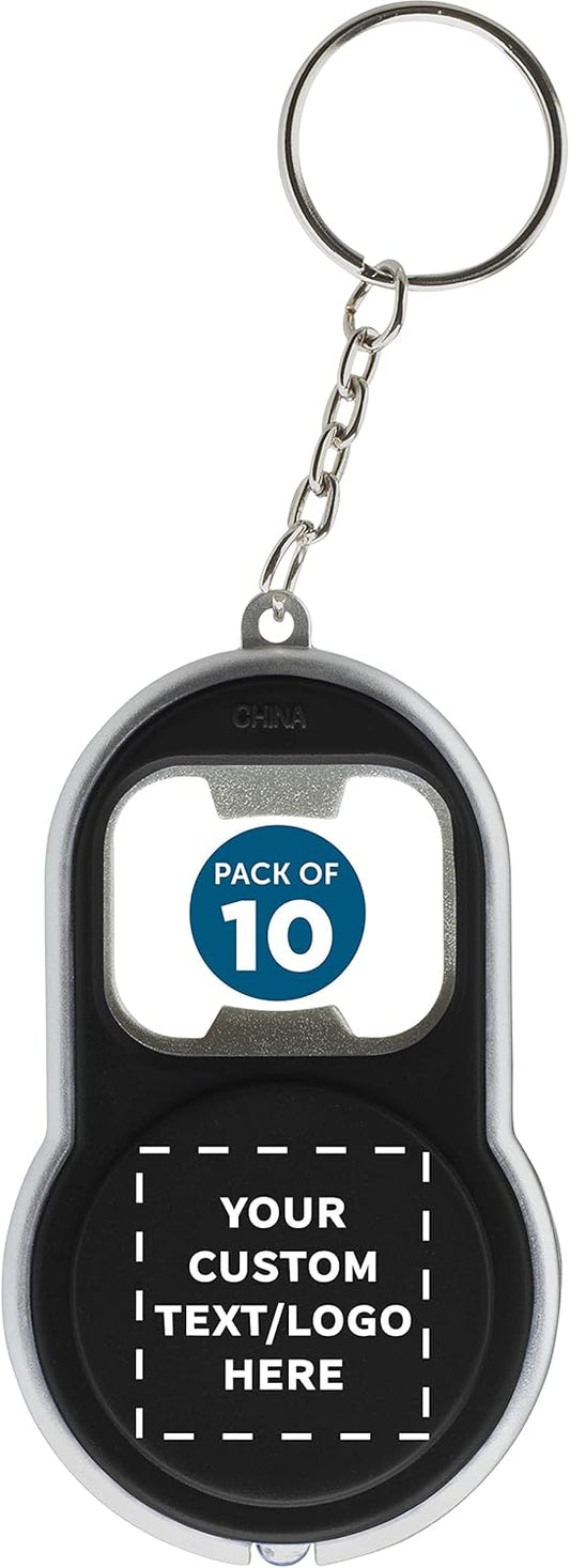 DISCOUNT PROMOS Custom Bottle Opener & LED Keychains Set of 10, Personalized Bulk Pack - Perfect for Tradeshows, Party Favors, Other Events - Black