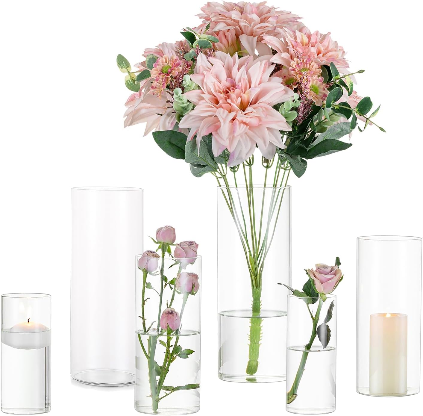 Glasseam Clear Cylinder Vases for Centerpieces, Glass Cylinder Vase Set of 6, Hurricane Vase for Flowers, Glass Cylinder Candle Holder for Pillar Candles, Floating Candle Vases for Wedding Decorations