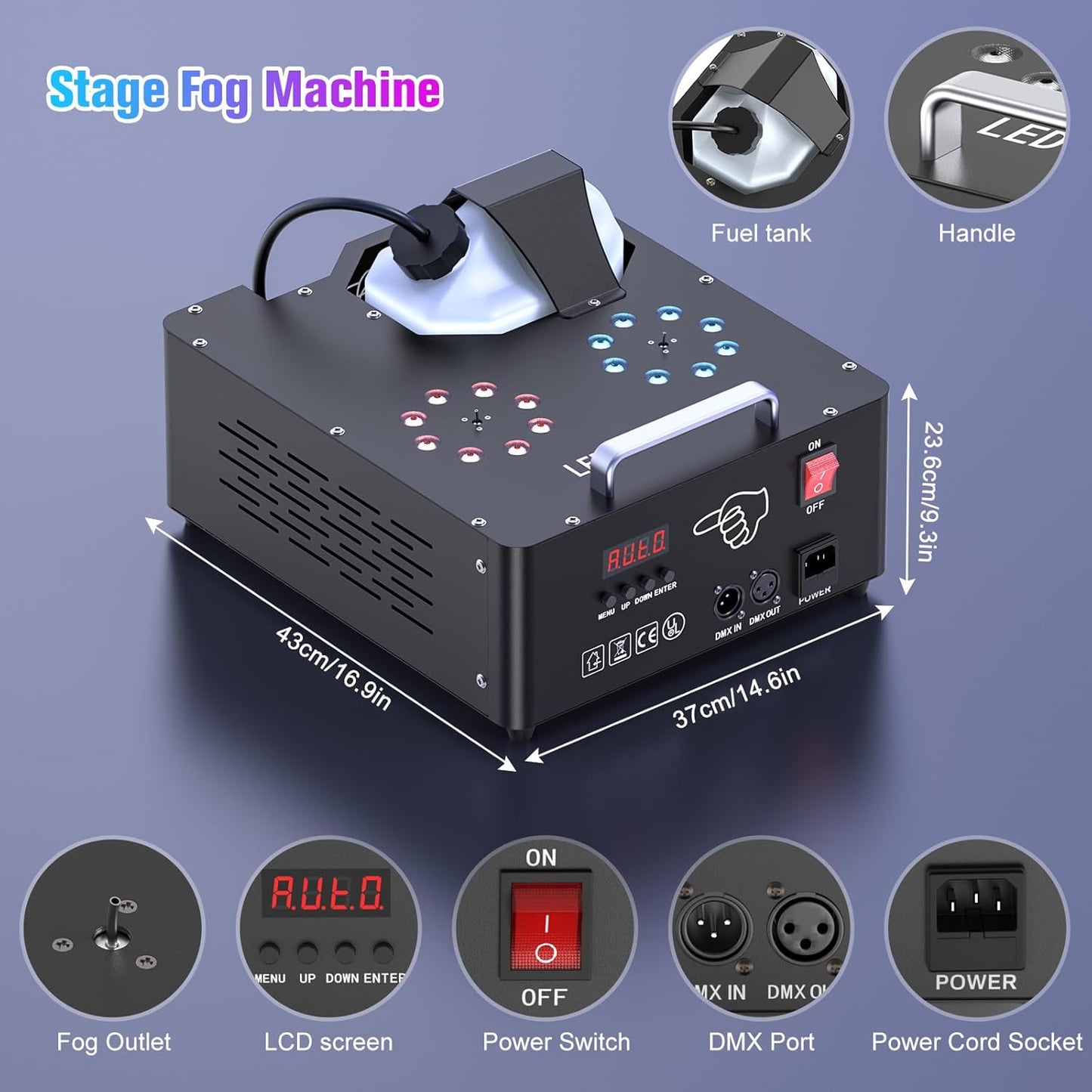 2000W Professional Fog Machine Dual Nozzle with 16 RGB LED, DMX Control Adjustable Smoke Direction, 2.5L Tank LCD Display 30000CFM for Halloween Christmas Stage DJ Party Club Events