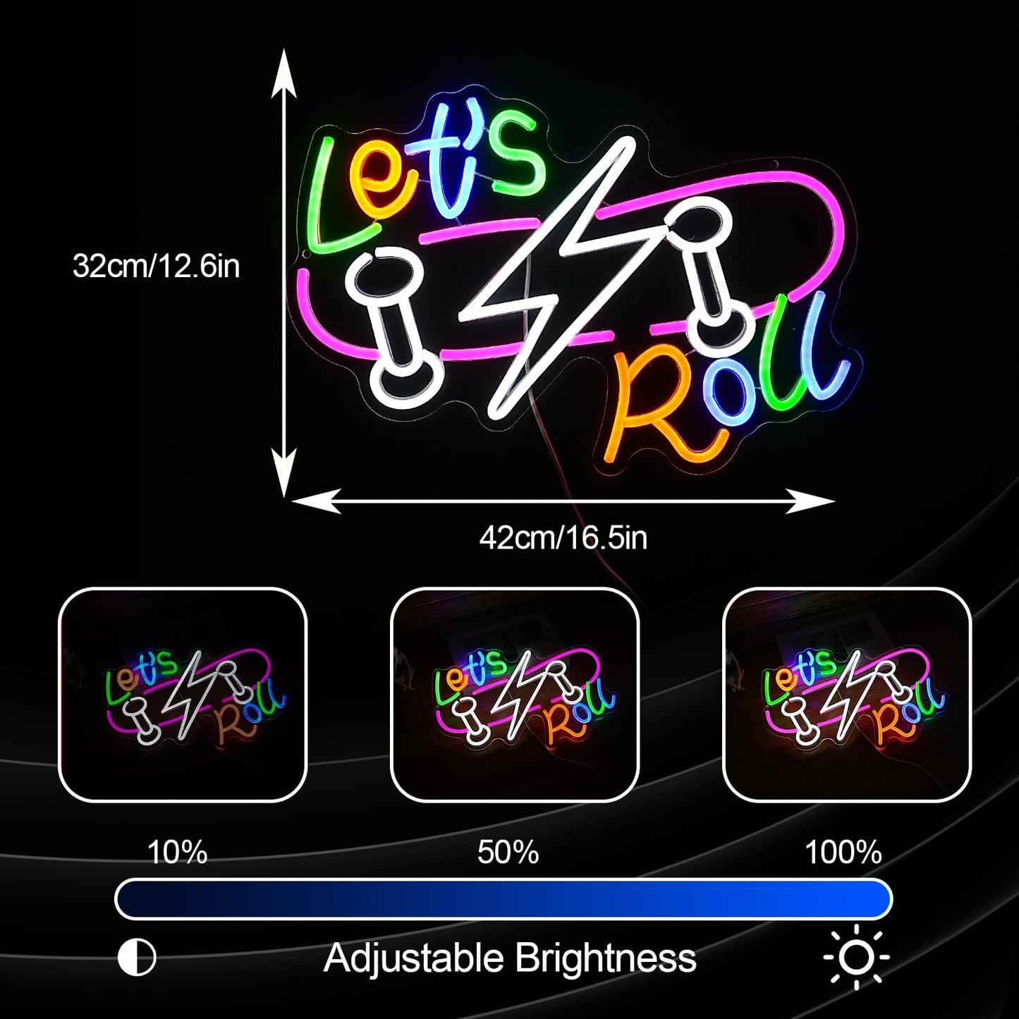 Let’s Roll Neon Sign Dimmable LED Skateboard Sign Light USB Cool Neon Light for Skateboard Shop Sports Bar Party Bedroom (16.5 * 12.2 In)