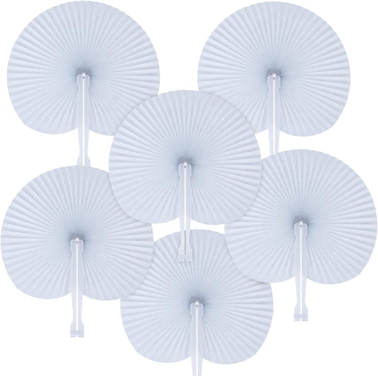 Pangda 24 Pack Folding Fans Round Paper Fans Assortment with Plastic Handle for Wedding Favor Party Bag Filler(White)