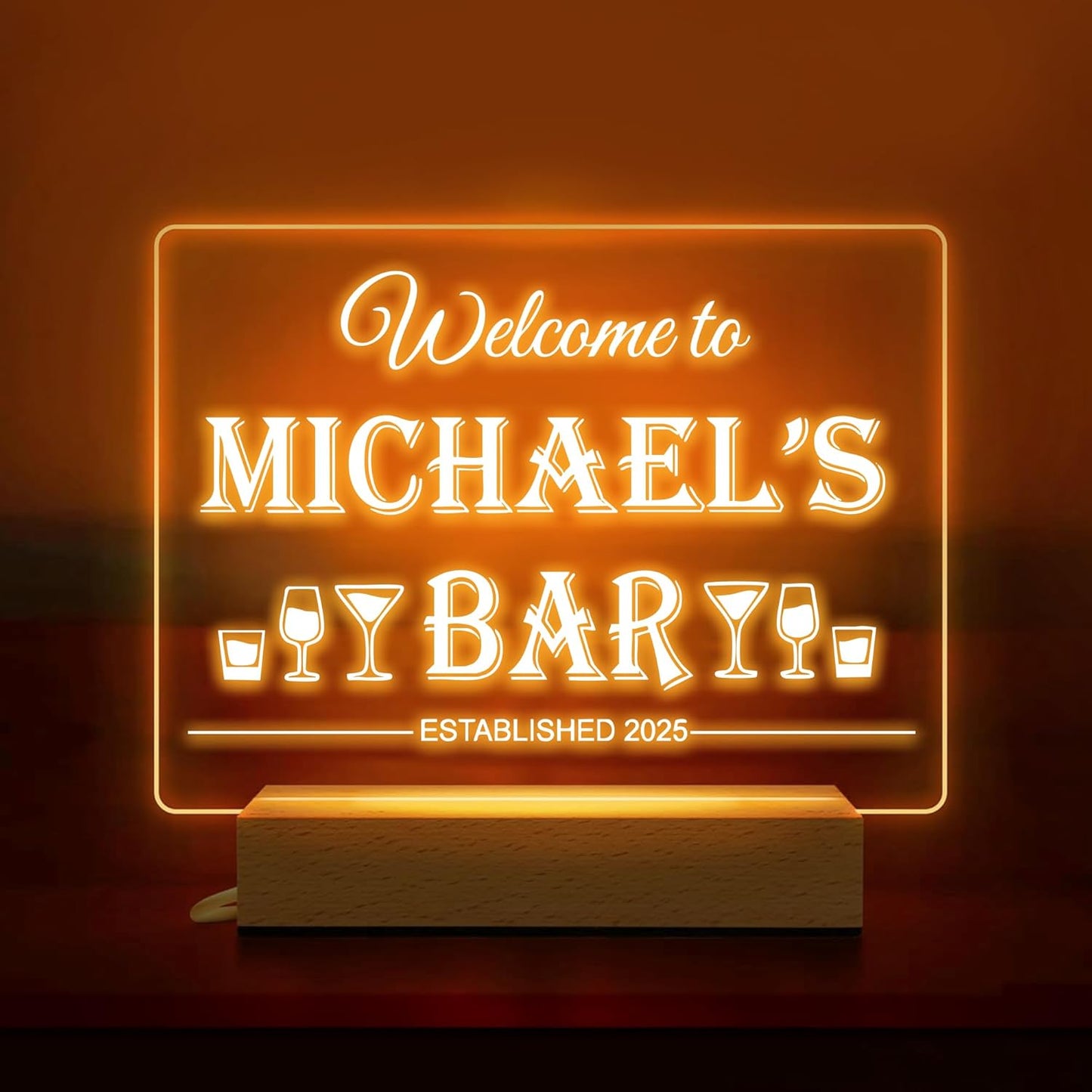 Personalized Bar Gifts for HOME BAR, Custom Name Date Acrylic Light Up Signs, Customized Acrylic Plaque with Night Light, Personalized Night Light for Man Cave Decor
