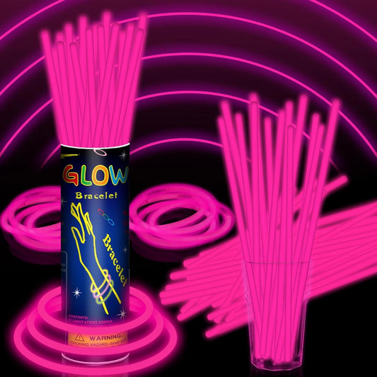 100 Pack 8” Pink Glow Sticks Bulk with 100 Connectors Neon Glow In The Dark Party favors Supplies for Holiday Birthday Party Decoration (Pink)
