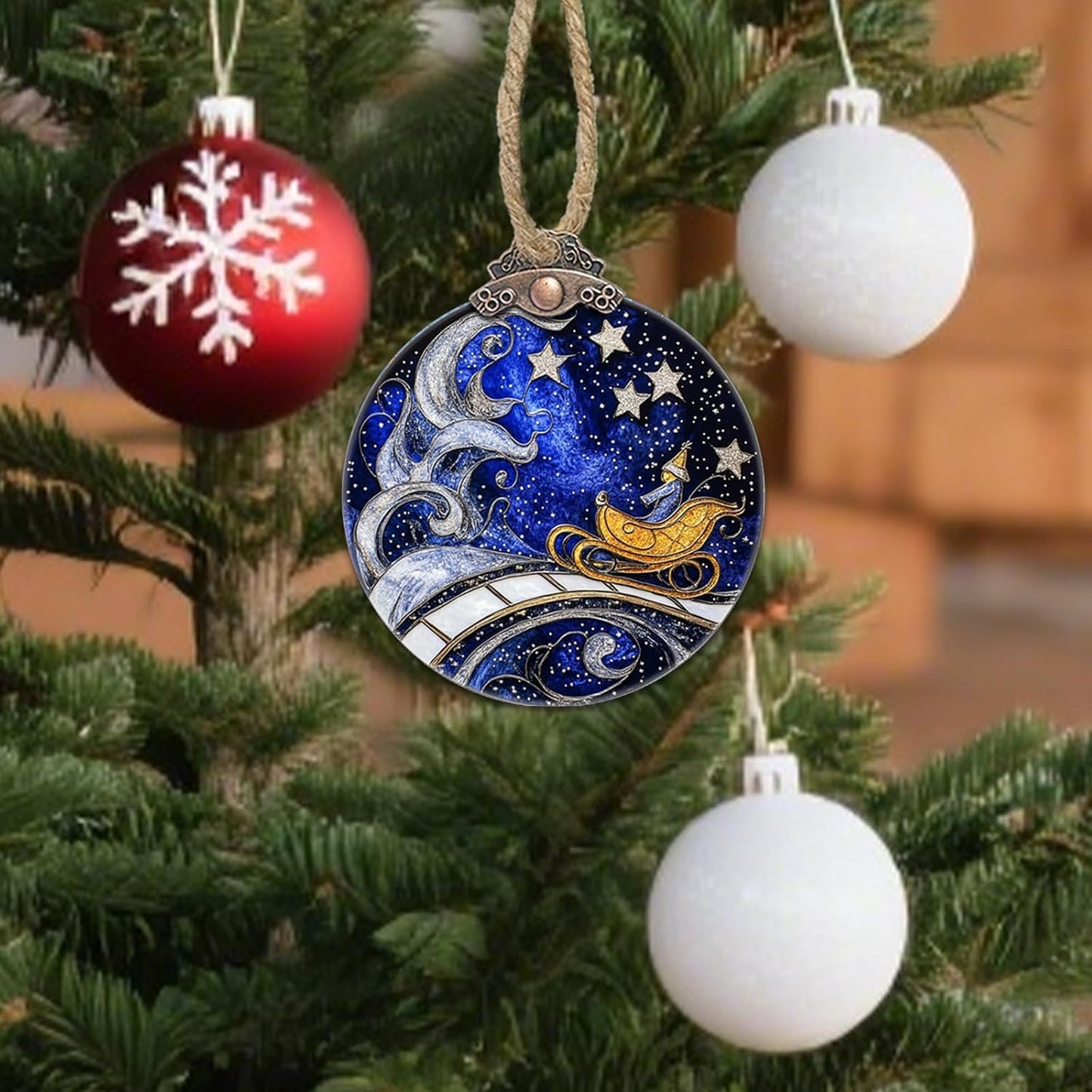 Stained Glass Christmas Decorations, Blue Sky Silver Star Suncatcher for Window Christmas Tree Hanging Ornaments Magic Carpet Sun Catcher Xmas Decor Gifts for Women Men Mom Nana Friend