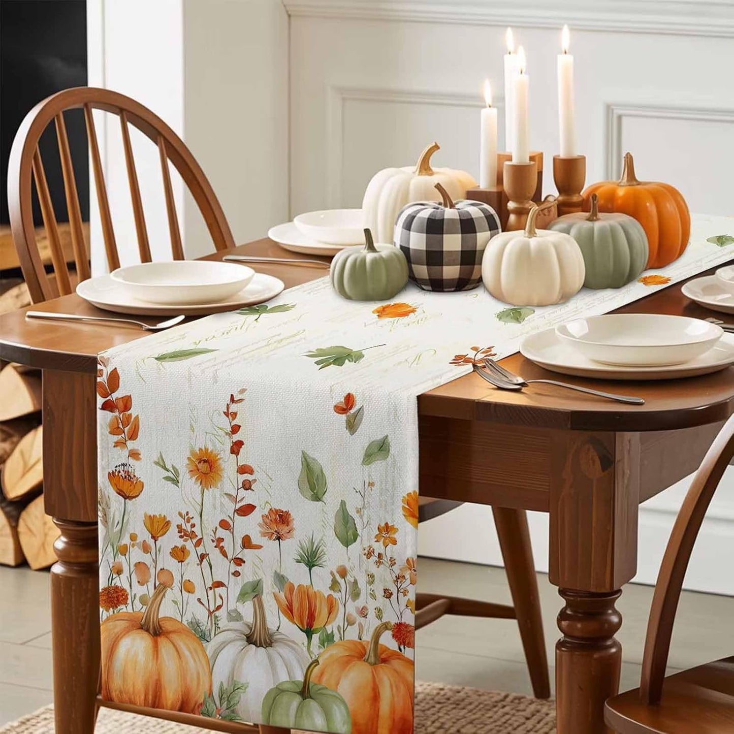 Fall Wildflowers Cotton Linen Table Runner for Dining Kitchen, Thanksgiving Pumpkin Outdoor Party Rustic Tablerunners Decoration,Botanical Floral Vintage Dresser Scarf Tablecloth Runners 13x108 Inches