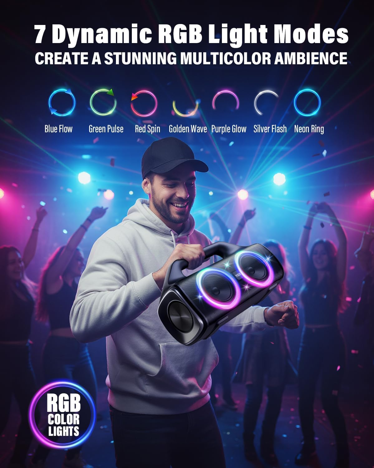 Speakers, 80w (Peak) Portable Wireless Speaker with Lights, Stereo Loud Sound, IP67 Waterproof, Deep Bass Outdoor Speakers Bluetooth 5.0 Dual Pairing for Home Party Beach Camping, Gifts