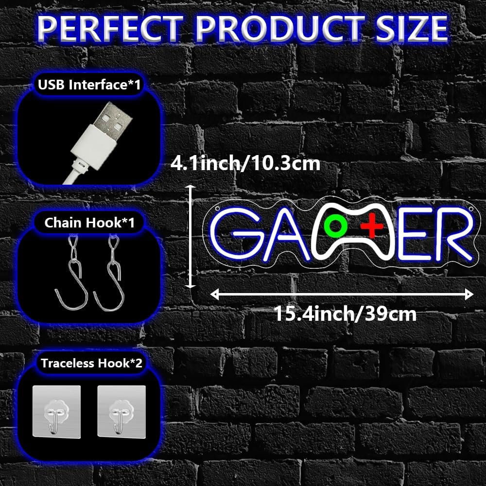 Gamer Neon Sign,Gamepad Shaped Dimmable LED Light Signs for Wall Art Decor,Gaming Backdrop for Game Room Bar Bedroom Club Party Man Cave,Game Gift for Boys Teen Men USB Powered（15.4"*4.1"）