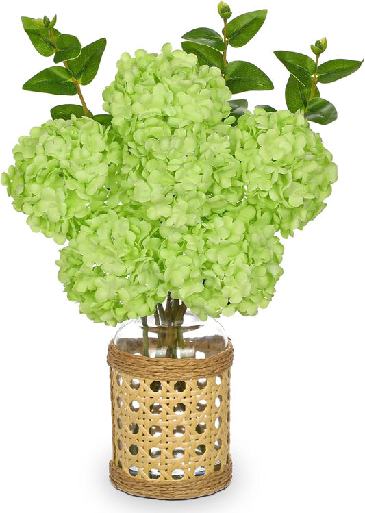 Hollyone Green Hydrangea Artificial Flowers in Woven Glass Vase with Faux Water Silk Hydrangeas Fake Flowers Floral Arrangement for Home Indoor Bathroom Kitchen Office Table Centerpiece Shelf Decor