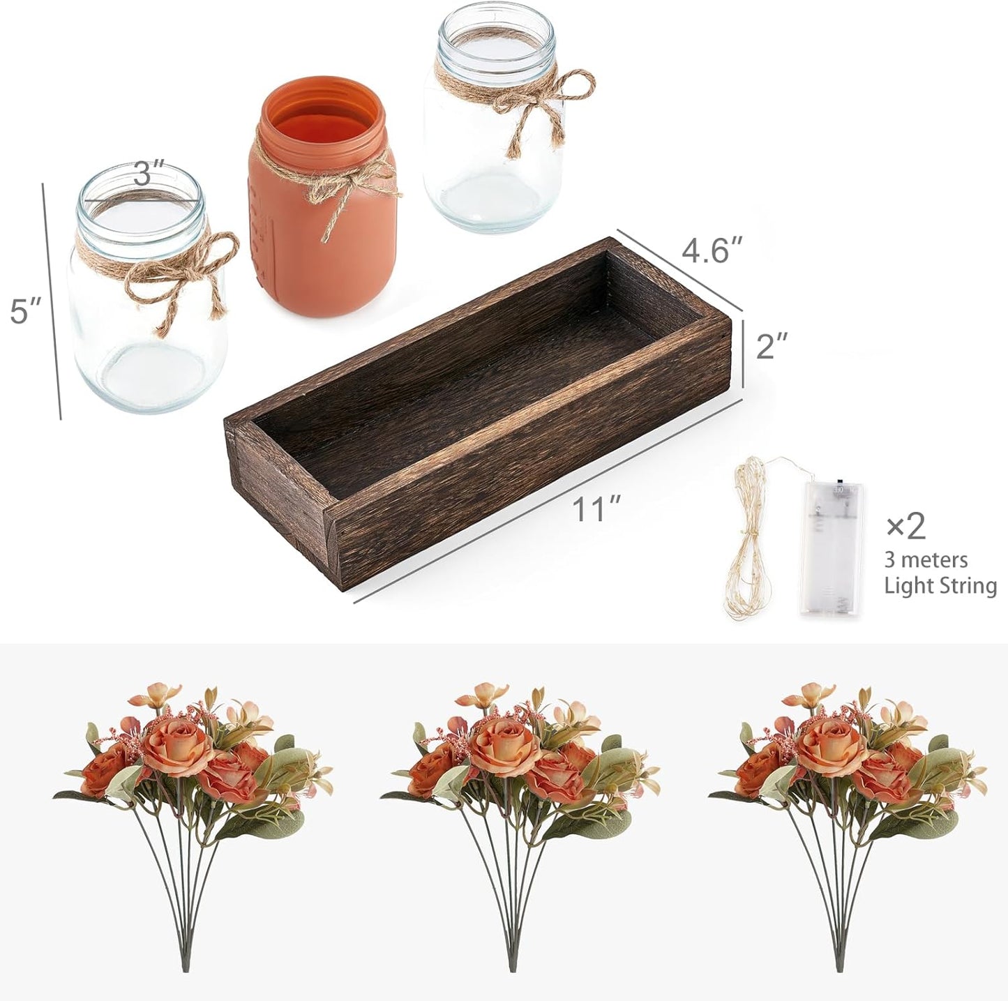 Mkono Mason Jar Lights Centerpiece Table Decorations for Dining Room Farmhouse Coffee Table Decor Tray with 3 Jars Flowers Centerpieces Fall Decor for Kitchen Living Dining Room, Orange