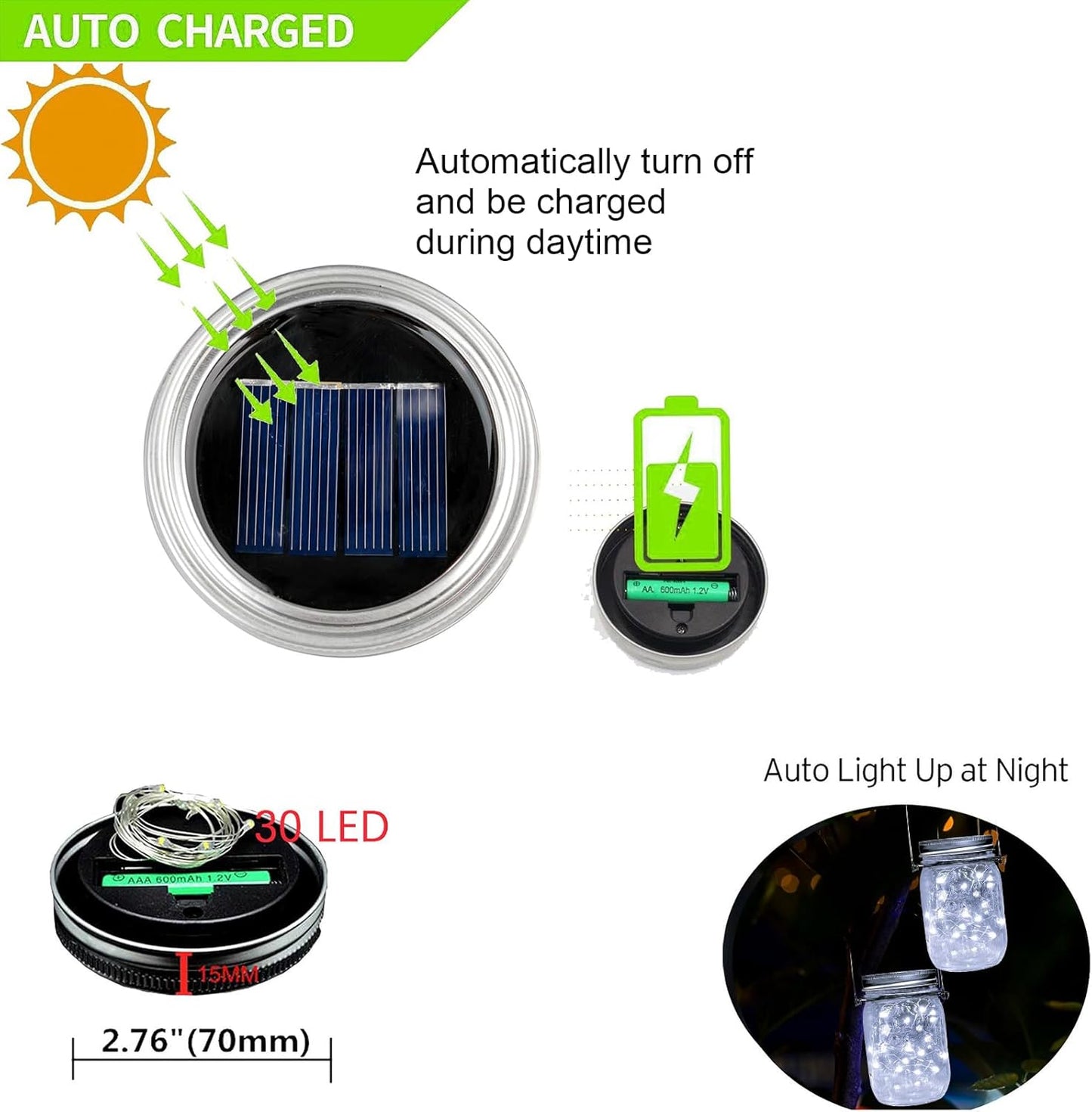 VOOKRY 12 Pack Solar Mason Jar Lights, 30 LED Mason Jar Lids Waterproof Firefly Fairy String Lights with 12 Hangers(No Jars), for Outdoor Patio Garden Yard Lawn Party Wedding Decoration - Cool White