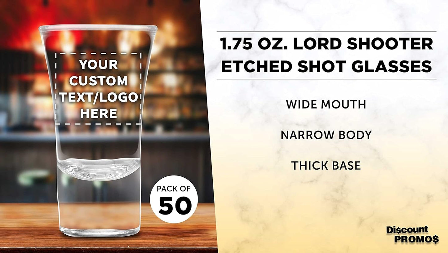 Custom 2 oz. Lord Shooter Etched Shot Glasses, 50 pack, Personalized Text, Logo, 21st Birthday Party, Lounge Glassware, Clear