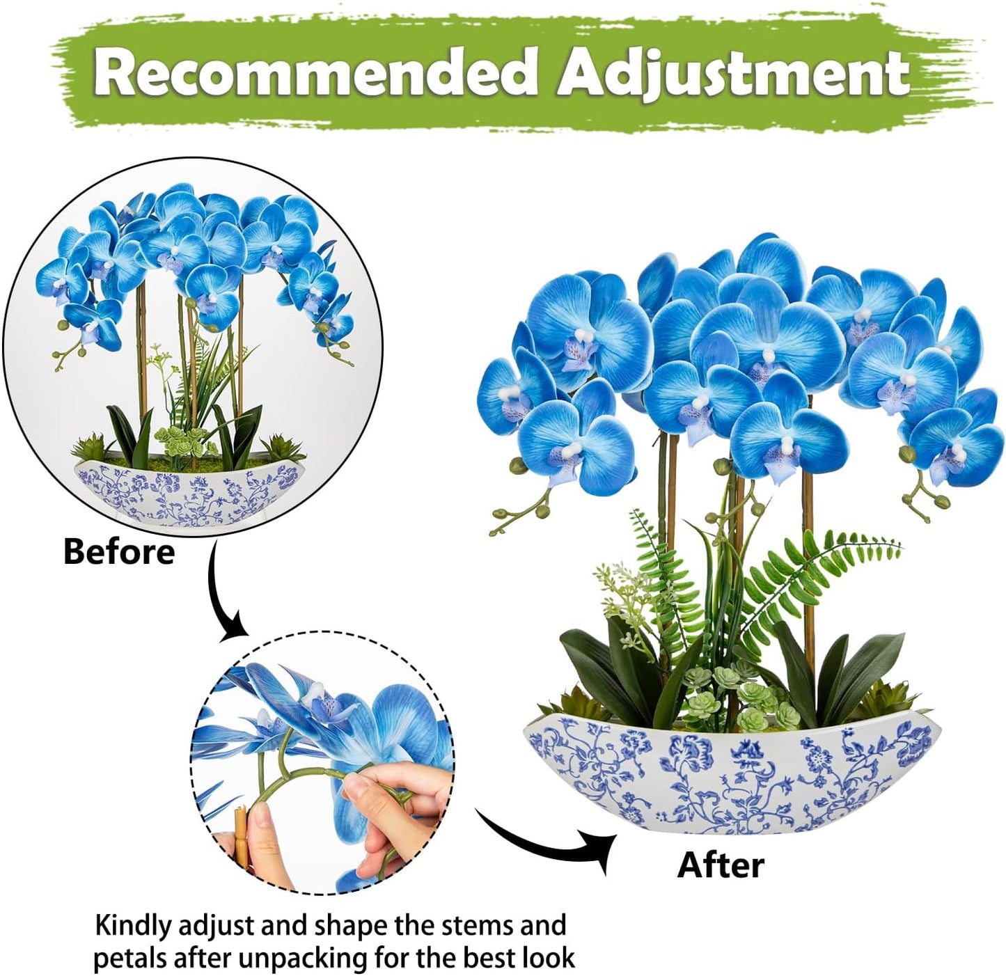 Briful Blue Orchid Artificial Flowers 18in Fake Orchid Silk Flowers with Blue and White Ceramic Pot Faux Orchid Arrangement for Home Office Room Dining Table Centerpiece Modern Decor