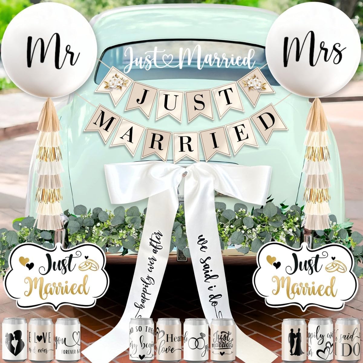 33 Pc Just Married Car Decorations – Wedding Reception & Ceremony Decor – Banners, Stickers & Balloons – Elegant Reusable Wedding Car Kit – Weather-Resistant & Easy to Apply – No Residue
