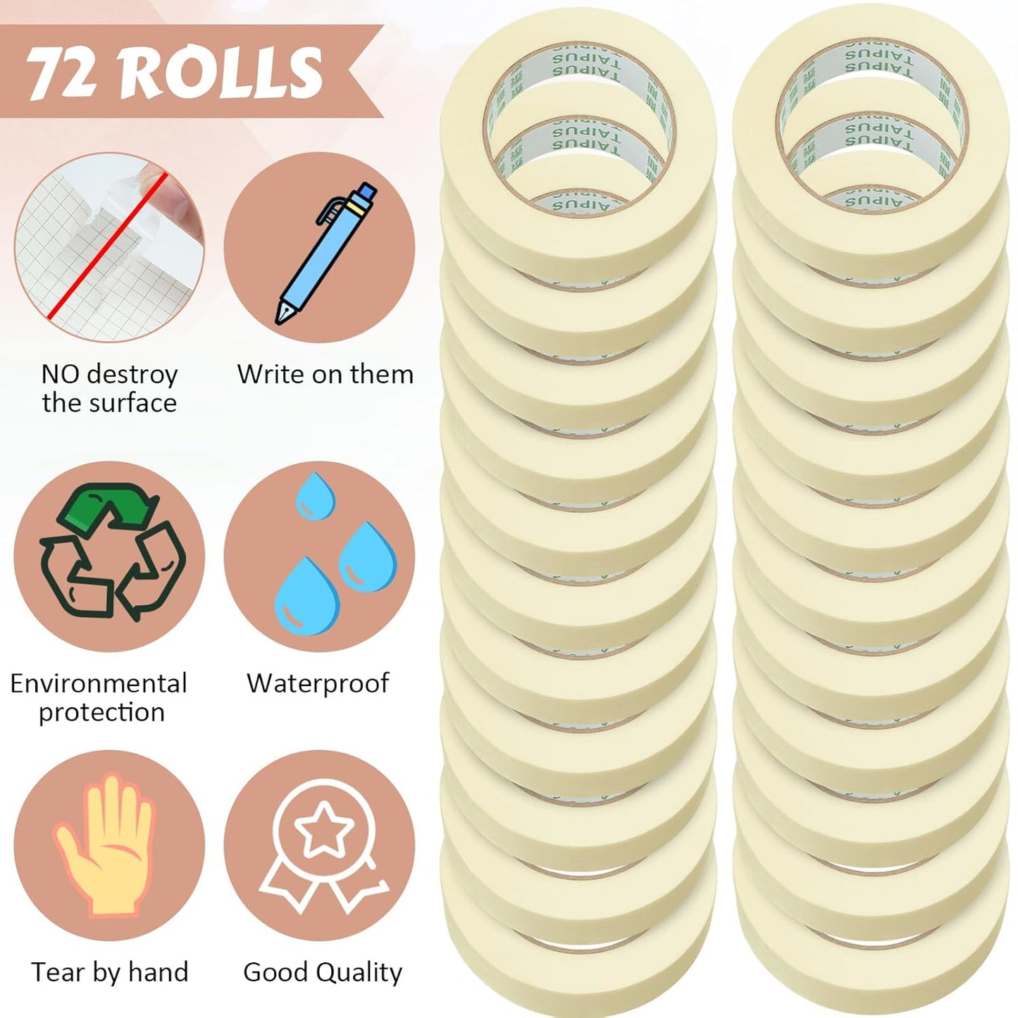 Masking Tape Bulk General Purpose Masking Painting Tape 55 Yards for Painting Home Office School Stationery Arts Crafts Basic Use, Easy Removal(72 Rolls,1 Inch)