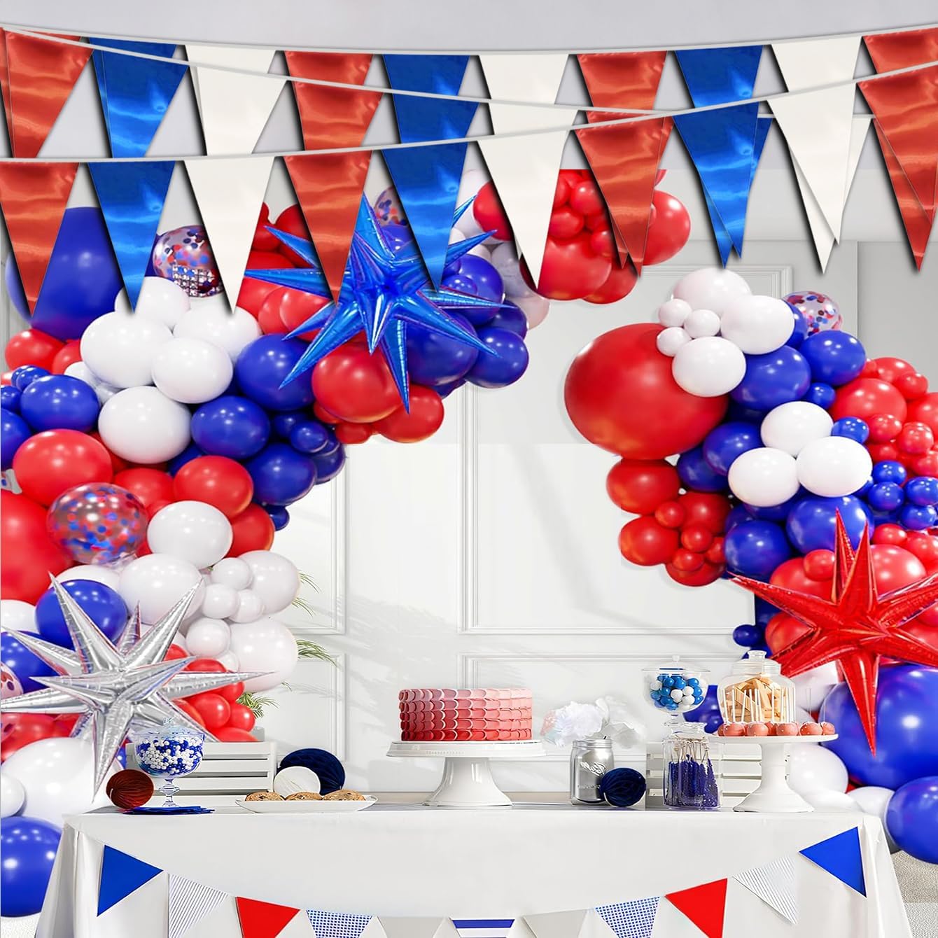 40M/130FT White Blue Red Triangle Pennant Banner Flag Metallic Fabric Bunting Garland for Christmas Graduation, Independence Day, 4th of july, Patriotic Themed Party Decoration