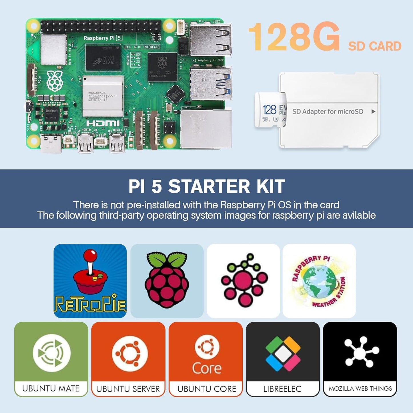 Raspberry Pi 5 Starter Kit with Pi 5 8GB RAM Board, 27W USB-C Power Supply, 128GB Card, Aluminum Case