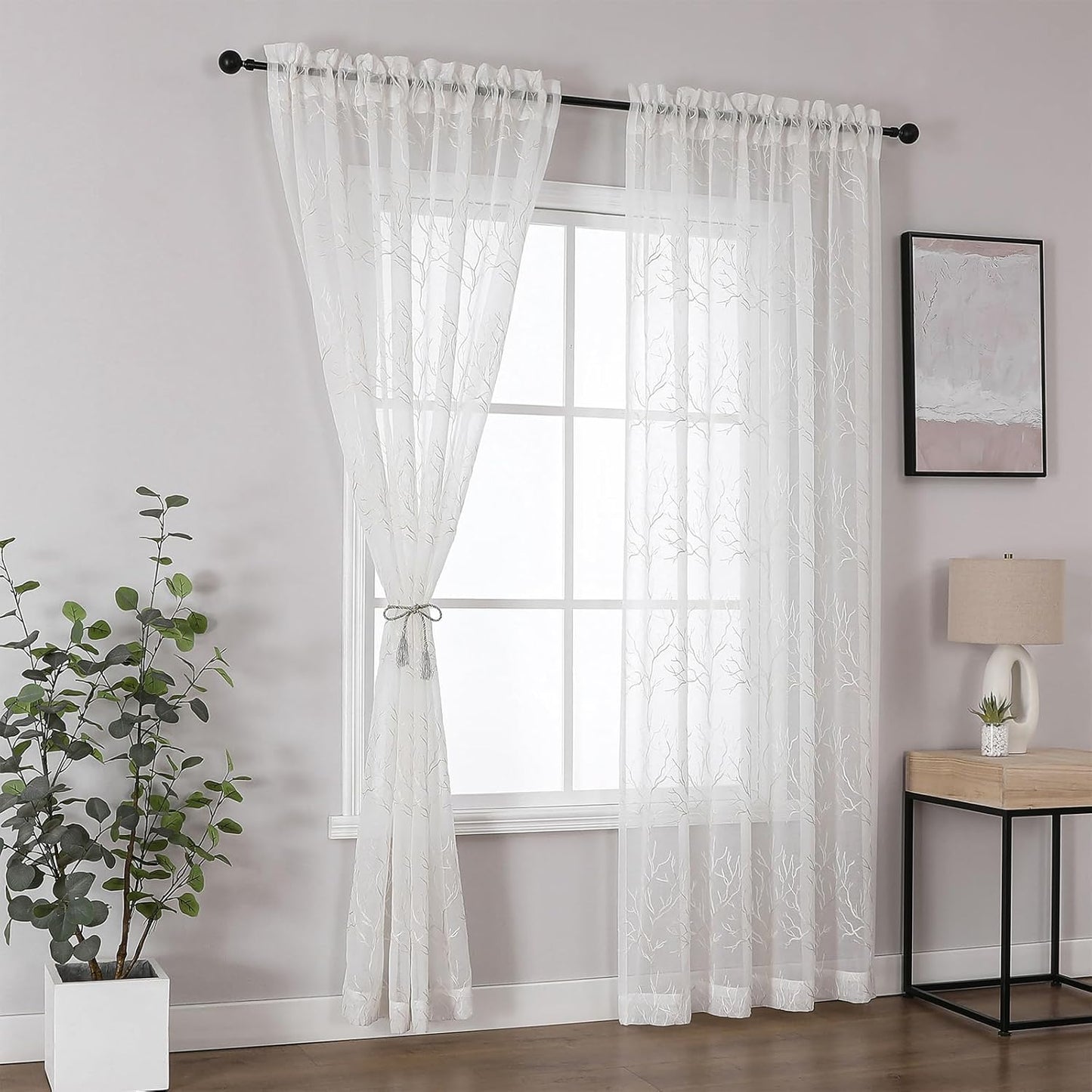 VISIONTEX Sheer Curtains 84 inch Length 2 Panels Set, Decorative Beige Coral Embroidery, Rod Pocket Embroidered Window Drapes for Living Room and Bedroom, 54" x 84"