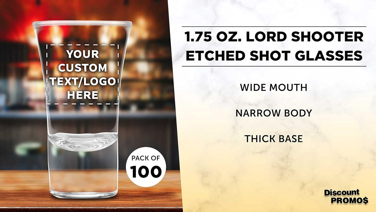 Custom 2 oz. Lord Shooter Etched Shot Glasses, 100 pack, Personalized Text, Logo, 21st Birthday Party, Lounge Glassware, Clear