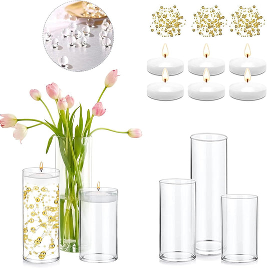 Set of 3 Glass Cylinder Vases for Centerpieces with 2 Pack Vase Filler 3 Pearl String 6 White Floating Candles for Centerpieces, Table Center Pieces for Wedding Party Home Decor 5, 6, 8 Inch