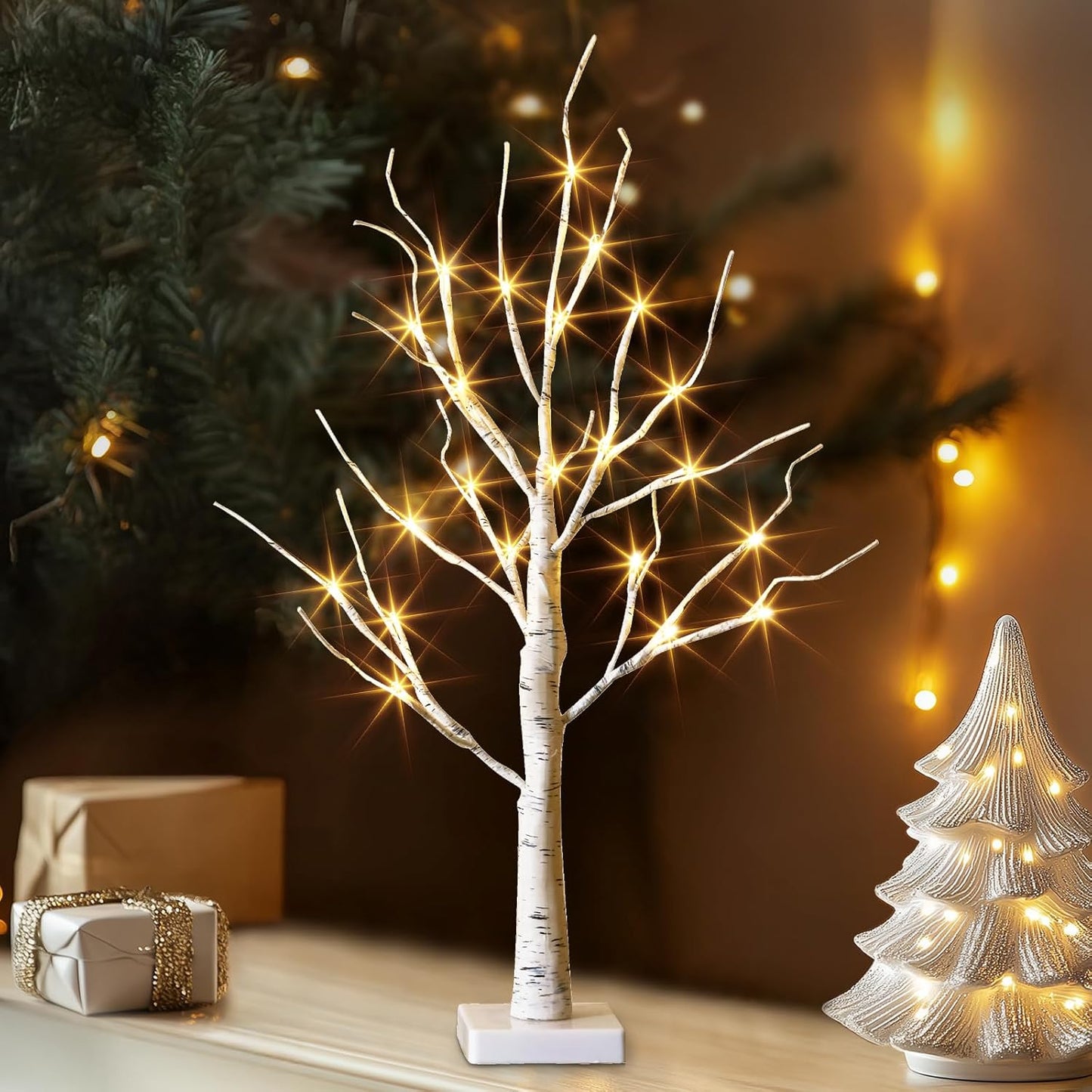 Vanthylit Lighted Birch Tree Battery Powered Tabletop Tree Decorations for Home Mantle Party Christmas Decorations (22 Inch)