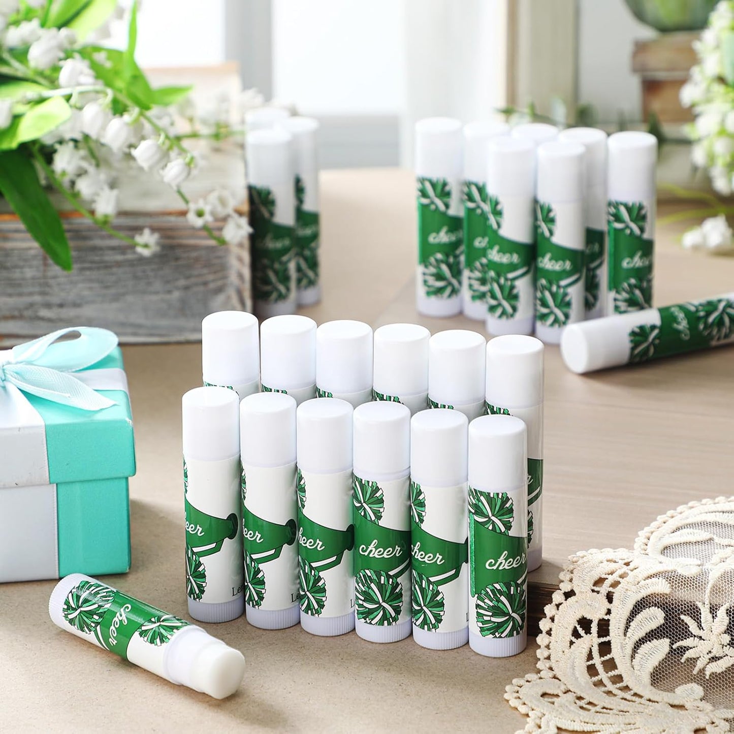 24 Pcs Cheer Lip Balm Cheer Teams Camp Gifts Pom Pom Leaders Party Favors Gear Lip Balm Mom Gift for Competitive Party Guest Supplies(Green)