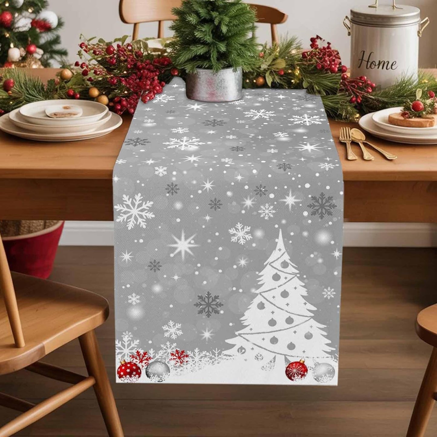 Christmas Snowflakes Cotton Linen Table Runner for Dining Kitchen, Xmas Tree Snow Winter Wedding Outdoor Party Tablerunners Decoration, Grey Balls Dresser Scarf Coffee Tablecloth Runners 13x36 Inches