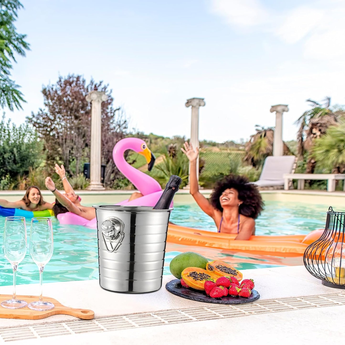 Pinkunn 6 Pack Stainless Steel Champagne Bucket 3 Qt Metal Ice Bucket Double Wall Wine Bucket with Handles Party Beverage Chiller for Champagne Beer Cocktail Wine Drinks Home Bar Accessories (Silver)