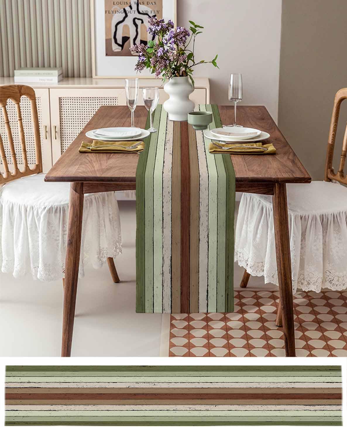 Sage Green Wooden Cotton Linen Table Runner for Dining Kitchen, Wedding Outdoor Party Tablerunners Decoration, Vintage Country Retro Distressed Grain Dresser Scarf Coffee Tablecloth Runners 13''x72''
