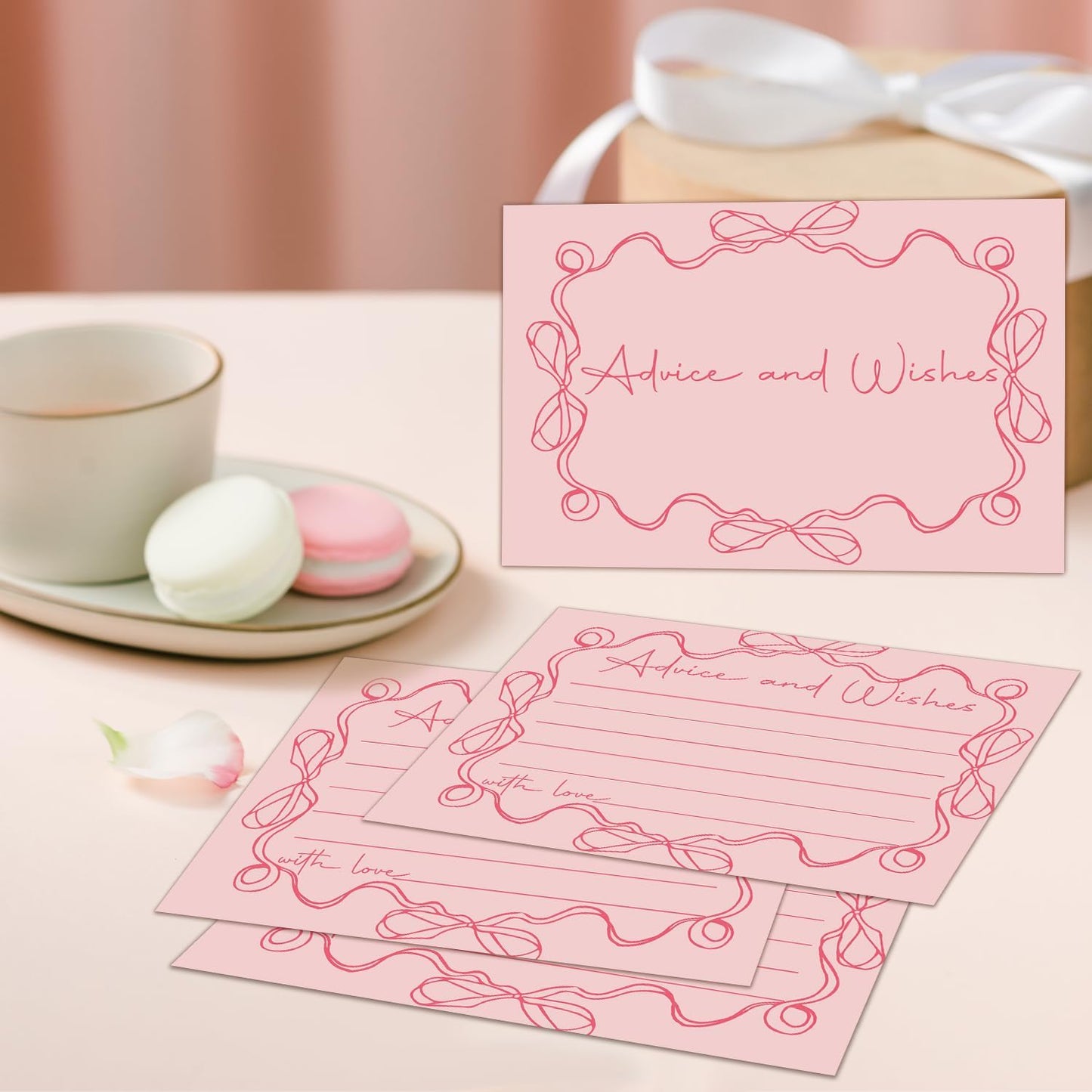 Pink bow Advice and Wishes Cards, Double-sided Blank Cards Suitable for Wedding Reception, Bridal Showers, Mr and Mrs, Baby Shower, Graduation, Pack of 25-05