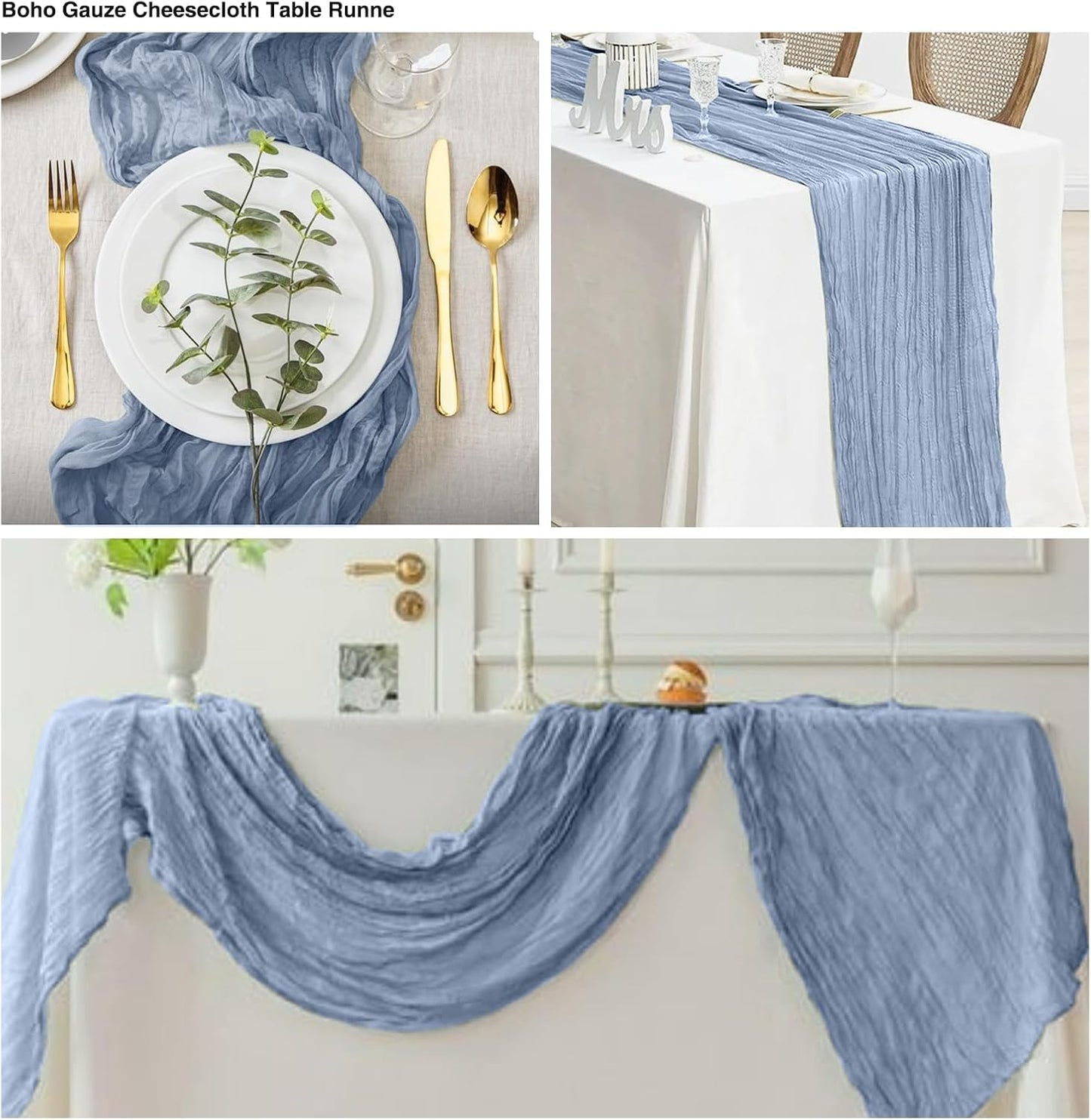 12 Pack Dusty Blue 10 Ft Cheesecloth Table Runner 20x120 Inch Boho Wrinkled Sheer Romantic Gauze Decor for Wedding, Bridal Shower, Birthday Party