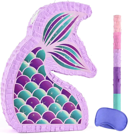 WERNNSAI Mermaid Piñata - Mermaid Party Supplies Piñata Bundle with Blindfold and Bat for Girls Kids Ocean Theme Birthday Party Game Carnival Activity Decorations (16.7" x 12.2" x 3.1")